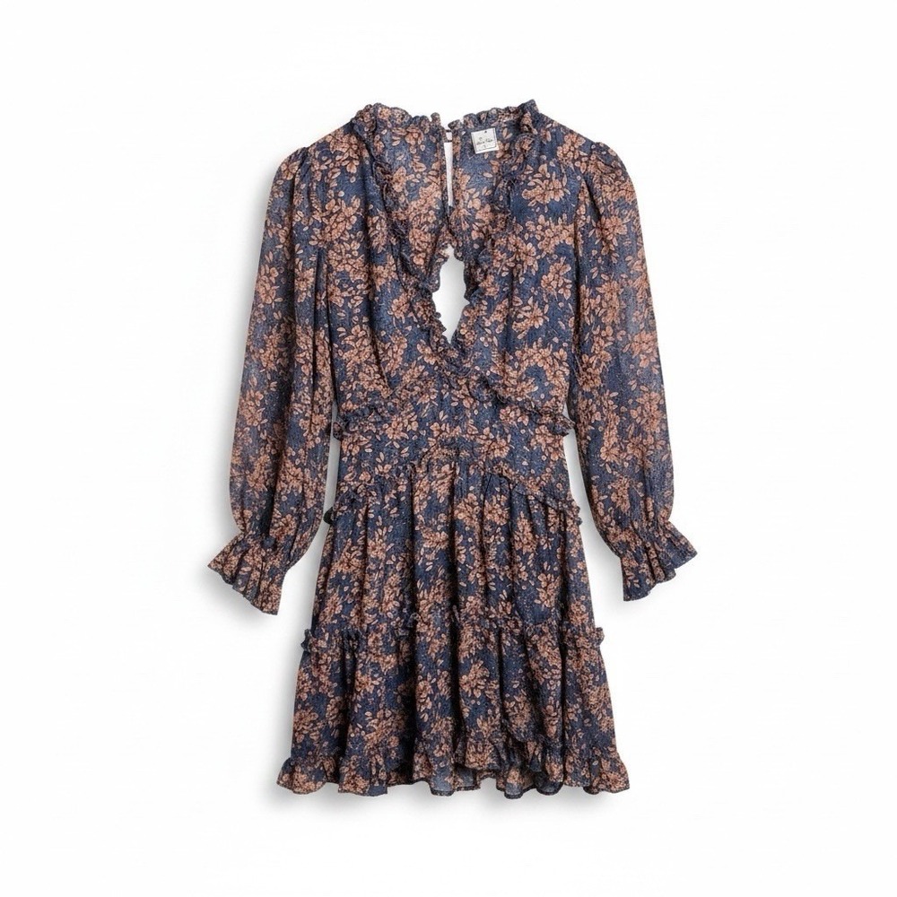 Angel Biba Floral Ruffle Mini Dress Blue Orange Open Back Long Sleeve L Large